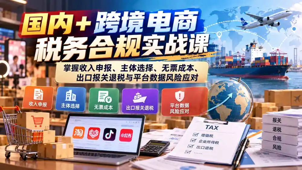 国内+跨境电商税务合规实战课：掌握收入申报、主体选择、无票成本、出口报关退税与平台数据风险应对-得宝资源站