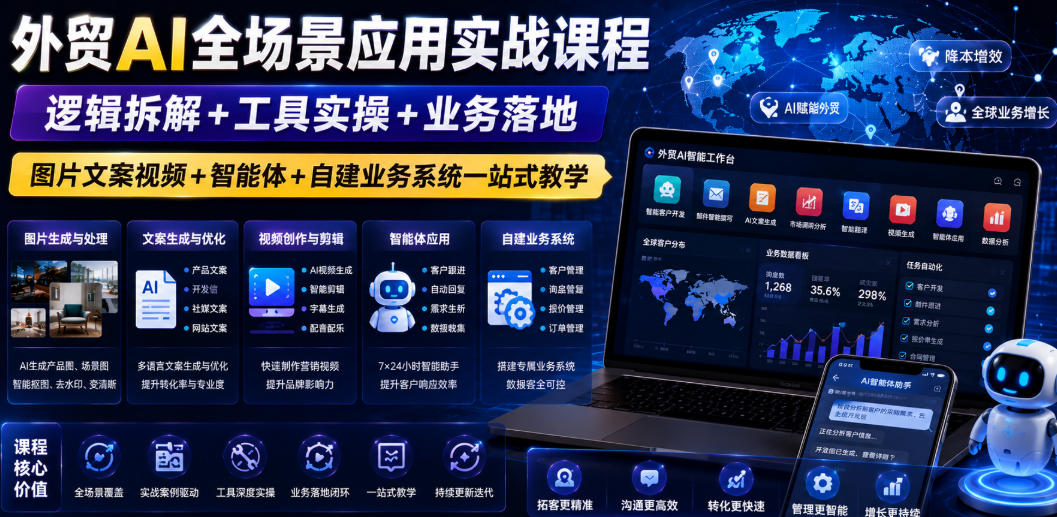外贸AI全场景应用实战课程｜逻辑拆解+工具实操+业务落地，图片文案视频+智能体+自建业务系统一站式教学-得宝资源站