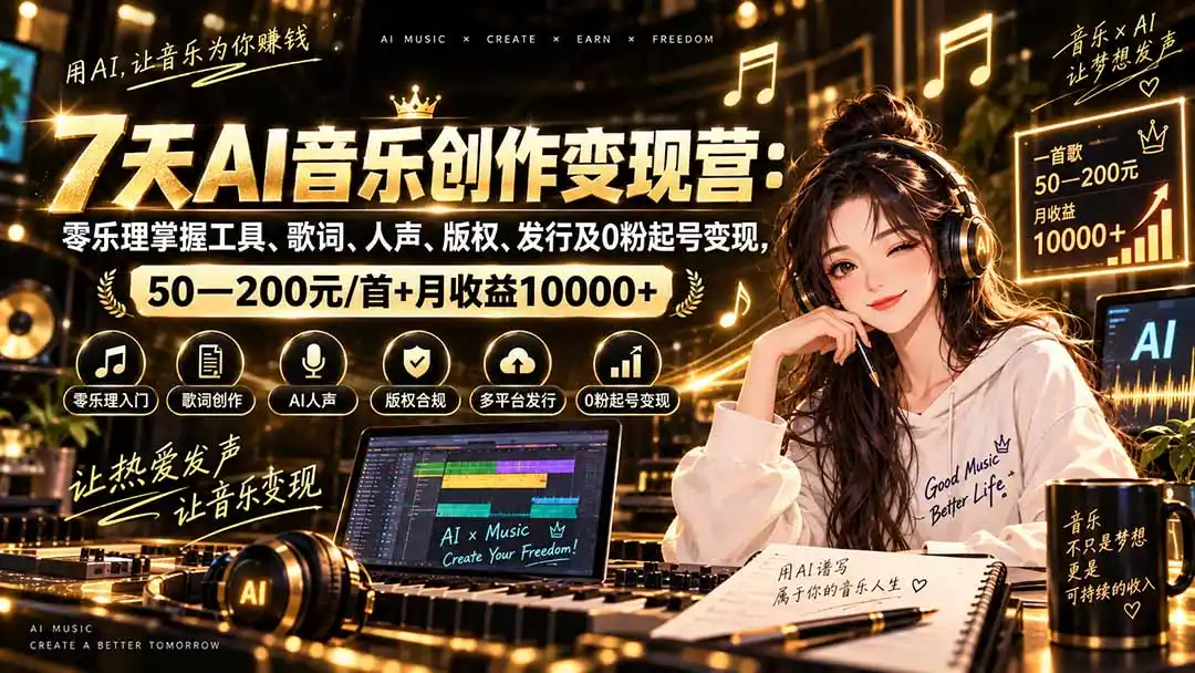 AI音乐创作变现营：零乐理掌握工具、歌词、人声、版权、发行及0粉起号变现，50—200元/首+月收益10000+-得宝资源站
