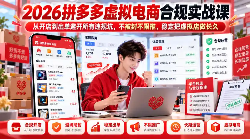 2026拼多多虚拟电商合规实战课，从开店到出单避开所有违规坑，不被封不限推，稳定把虚拟店做长久-得宝资源站
