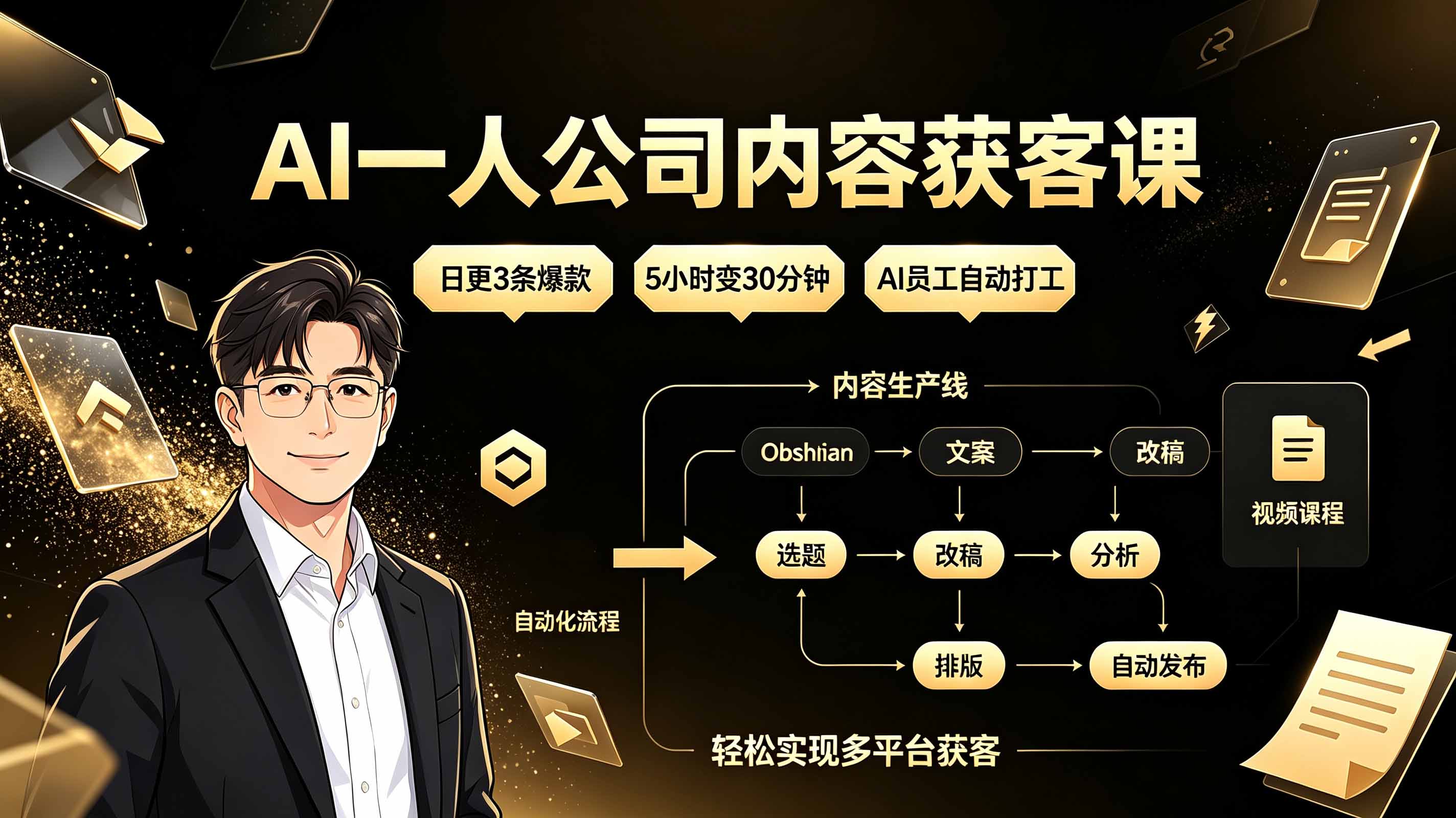 AI一人公司内容获客课：日更3条爆款×5小时变30分钟×AI员工自动打工，轻松实现多平台获客-得宝资源站