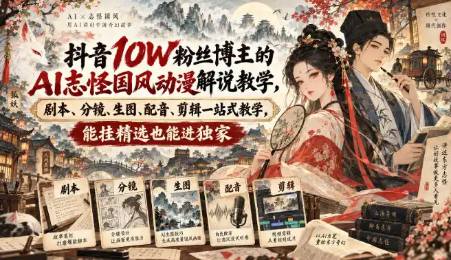 抖音10W粉丝博主满堂诡事的AI志怪国风动漫解说教学，剧本、分镜、生图、配音、剪辑一站式教学，能挂精选也能进独家-得宝资源站
