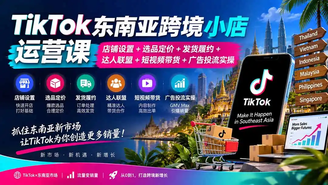 TikTok东南亚跨境小店运营课：店铺设置+选品定价+发货履约+达人联盟+短视频带货+广告投流实操-得宝资源站