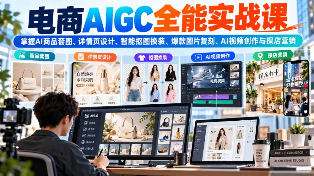 电商AIGC全能实战课：掌握AI商品套图、详情页设计、智能抠图换装、爆款图片复刻、AI视频创作与探店营销-得宝资源站