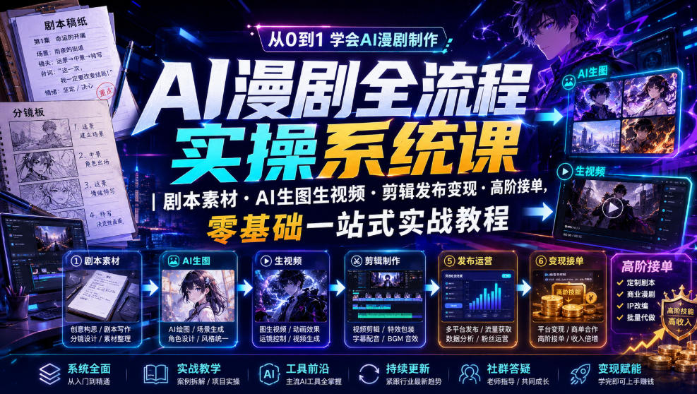 AI漫剧全流程实操系统课｜剧本素材・AI生图生视频・剪辑发布变现・高阶接单，零基础一站式实战教程-得宝资源站