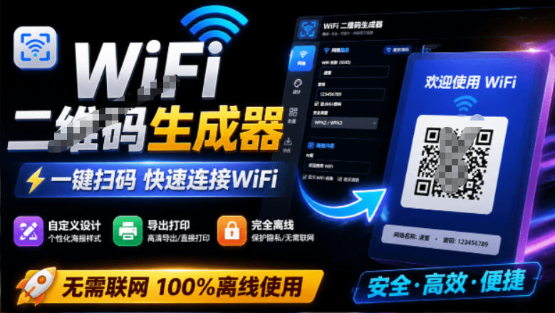 完全离线使用！WiFi二维码生成器，一键扫码快速连接WiFi，支持自定义风格导出WiFi二维码生成器-得宝资源站