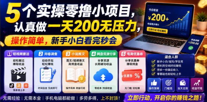 5个实操零撸小项目，认真做一天200无压力，操作简单，新手小白看完秒会【揭秘】-得宝资源站