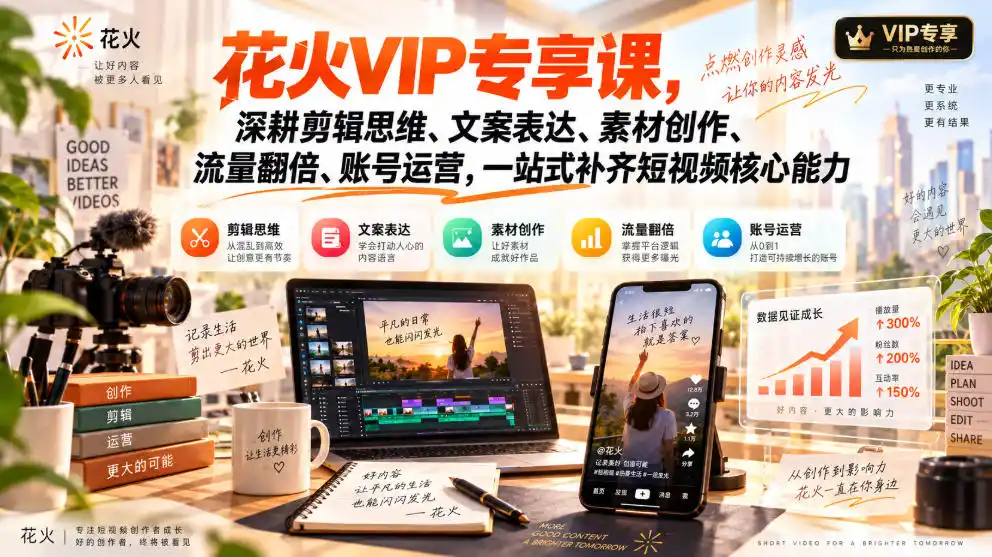 花火VIP专享课，深耕剪辑思维、文案表达、素材创作、流量翻倍、账号运营，一站式补齐短视频核心能力-得宝资源站