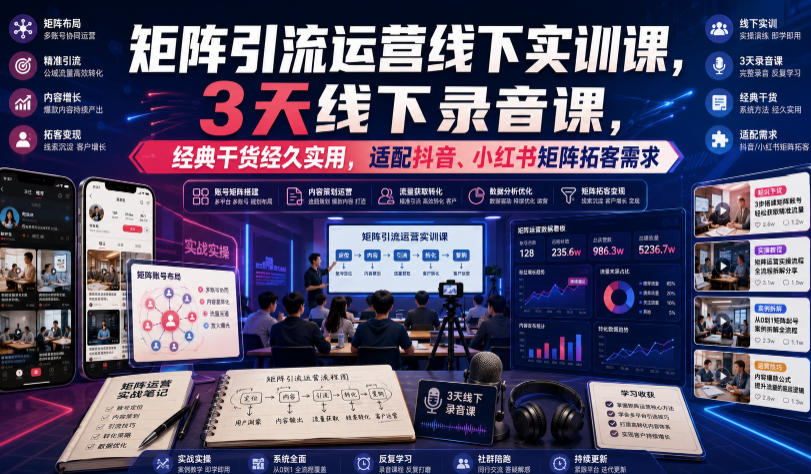 嗨推矩阵引流运营线下实训课，3天线下录音课，经典干货经久实用，适配抖音、小红书矩阵拓客需求-得宝资源站