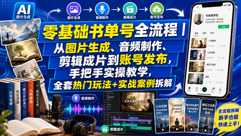 零基础书单号全流程｜从图片生成、音频制作、剪辑成片到账号发布，手把手实操教学，全套热门玩法+实战案例拆解-得宝资源站