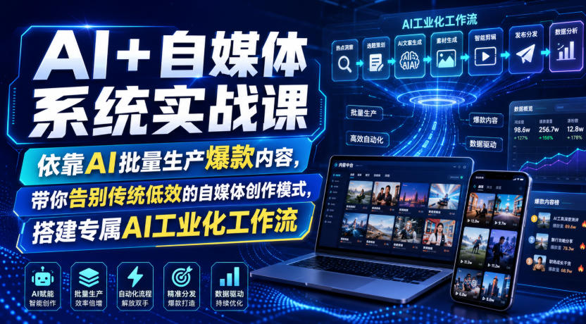 AI+自媒体系统实战课，依靠AI批量生产爆款内容，带你告别传统低效的自媒体创作模式，搭建专属AI工业化工作流-得宝资源站