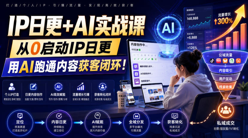 IP日更+AI实战课，从0启动IP日更，IP置顶视频制作+100条选题库搭建+10条日更规划，用AI跑通内容获客闭环!-得宝资源站