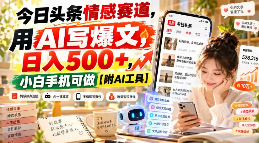 今日头条情感赛道，用AI写爆文，日入500+，小白手机可做【附AI工具】-得宝资源站