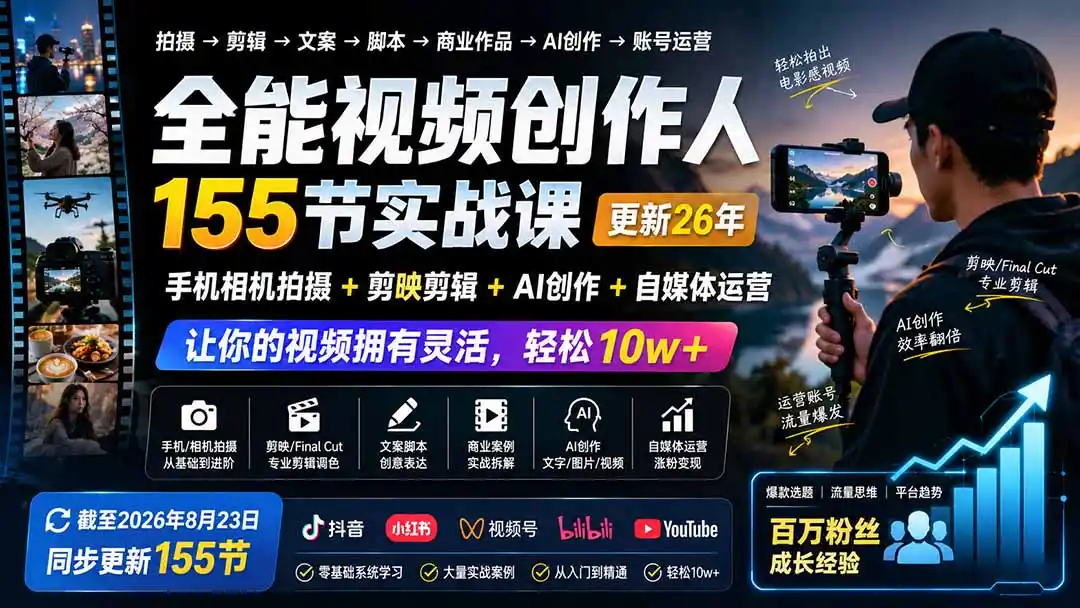 全能视频创作人155节实战课-更新26年8月：手机相机拍摄+剪映剪辑+AI创作+自媒体运营，让你的视频拥有灵活，轻松10w-得宝资源站