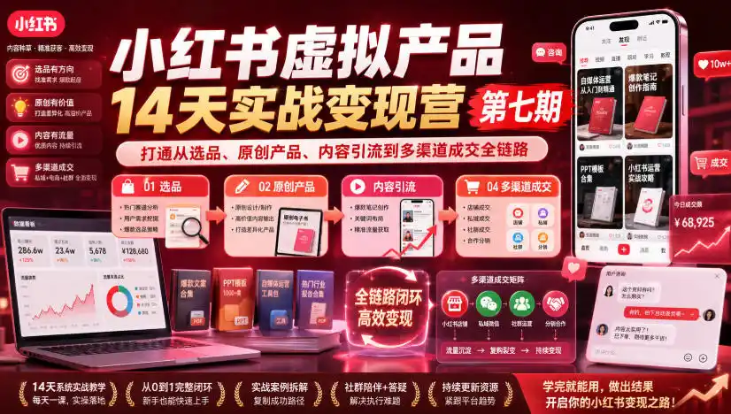 小红书虚拟产品14天实战变现营第七期，打通从选品、原创产品、内容引流到多渠道成交全链路-得宝资源站