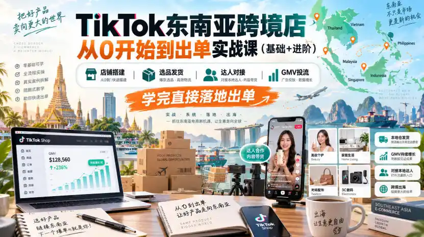 TikTok东南亚跨境店从0开始到出单实战课(基础+进阶)，店铺搭建、选品发货、达人对接、GMV投流，学完直接落地出单-得宝资源站