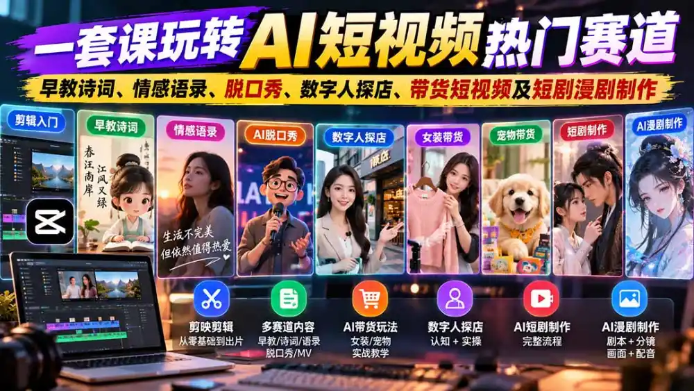 一套课玩转AI短视频热门赛道：早教诗词、情感语录、脱口秀、数字人探店、带货短视频及短剧漫剧制作 复制标题-得宝资源站