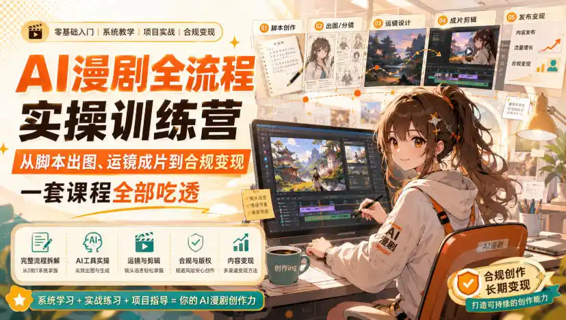 AI漫剧全流程实操训练营，从脚本出图、运镜成片到合规变现，一套课程全部吃透-得宝资源站
