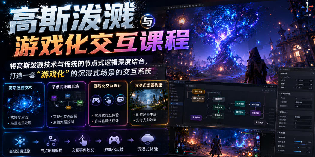 高斯泼溅与游戏化交互课程，将高斯泼溅技术与传统的节点式逻辑深度结合，打造一套“游戏化”的沉浸式场景的交互系统-得宝资源站