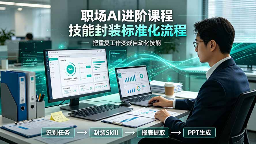 职场AI进阶课程；多类实用Skill工具实操，专属技能封装标准化流程，报表行业报告一键提取核心内容-得宝资源站