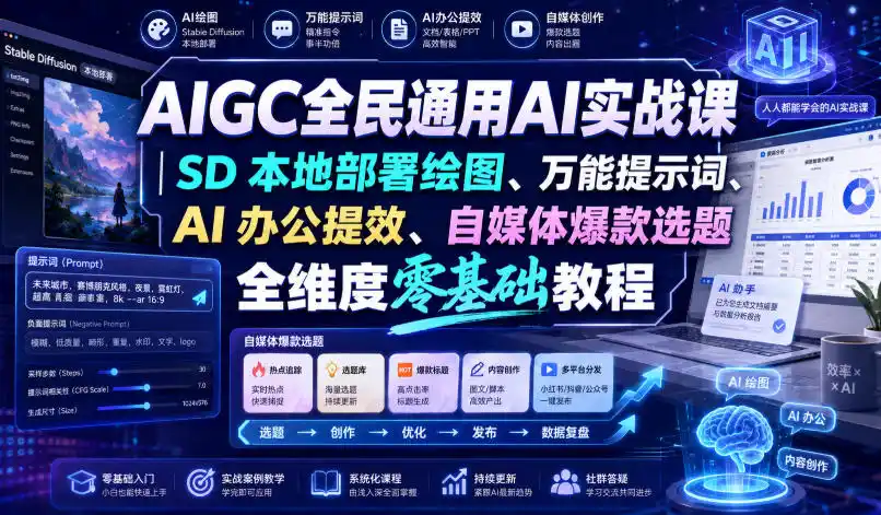 AIGC全民通用AI实战课｜SD本地部署绘图、万能提示词、AI办公提效、自媒体爆款选题全维度零基础教程-得宝资源站