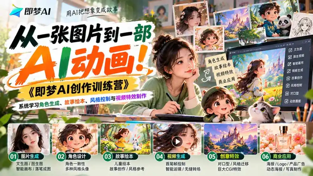 【无水印】从一张图片到一部AI动画！《即梦AI创作训练营》系统学习角色生成、故事绘本、风格控制与视频特效制作-得宝资源站