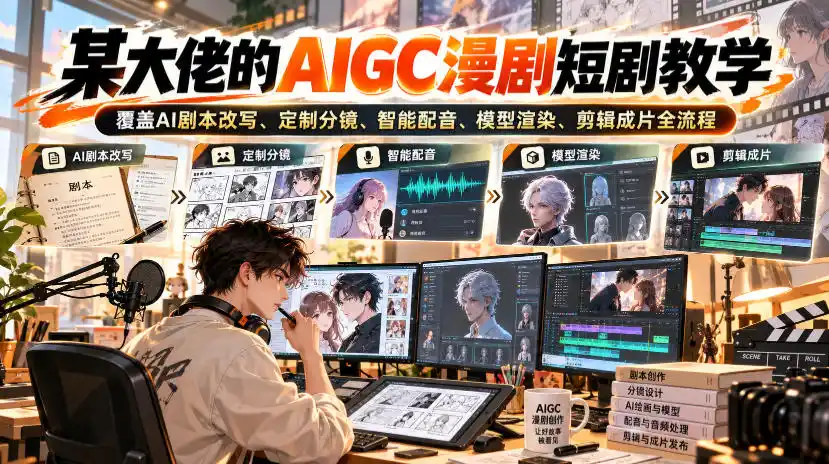 某大佬的AIGC漫剧短剧教学，覆盖AI剧本改写、定制分镜、智能配音、模型渲染、剪辑成片全流程-得宝资源站