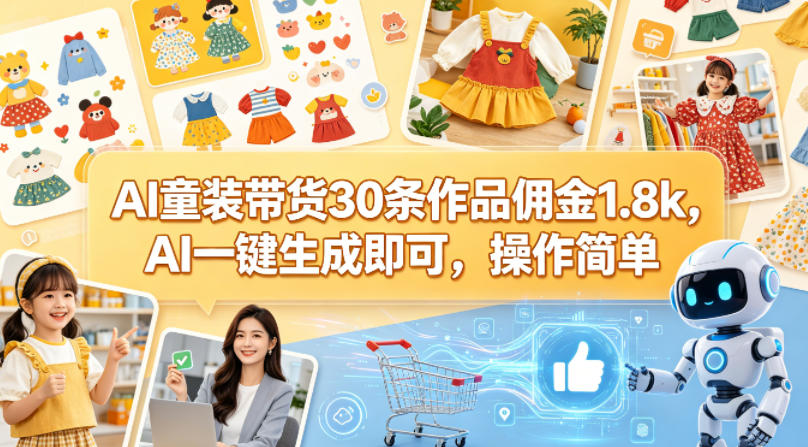 AI童装带货30条作品佣金1.8k，AI一键生成即可，操作简单-得宝资源站