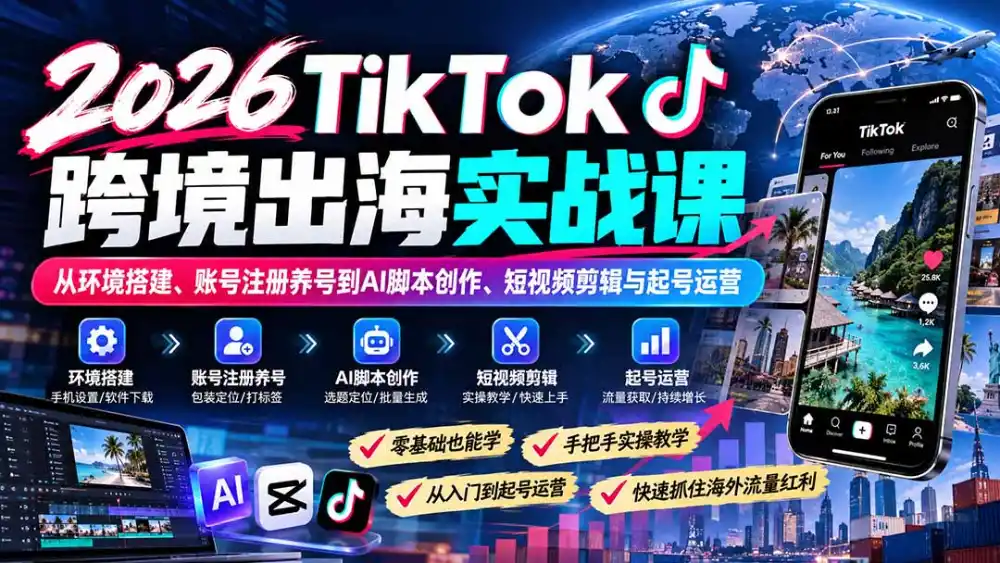 2026TikTok跨境出海实战课：从环境搭建、账号注册养号到AI脚本创作、短视频剪辑与起号运营-得宝资源站