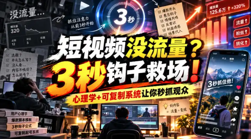 【无水印】短视频没流量？3秒钩子救场！心理学+可复制系统让你秒抓观众【原创双语字幕】-得宝资源站