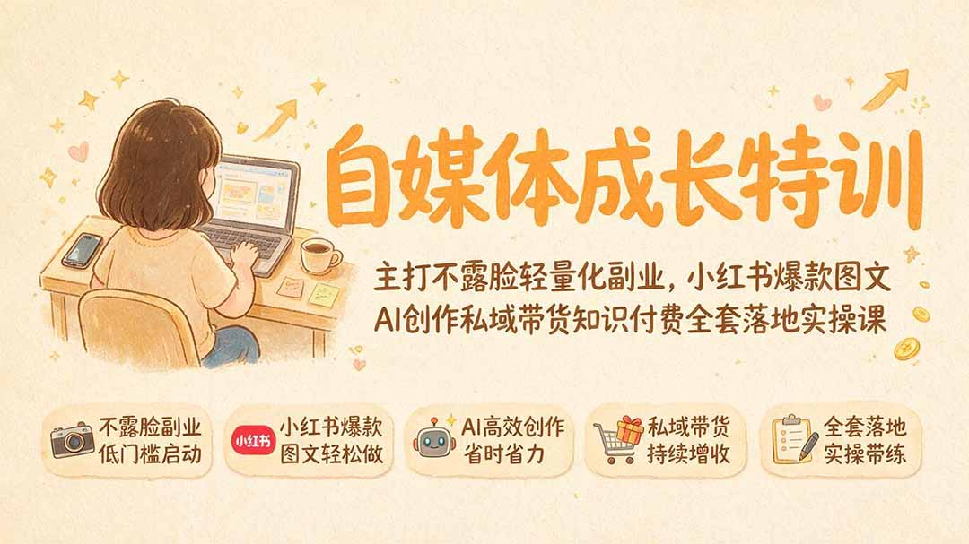 自媒体成长特训｜主打不露脸轻量化副业，小红书爆款图文AI创作私域带货知识付费全套落地实操课-得宝资源站