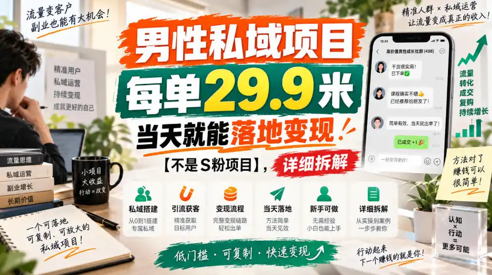 男性私域项目，每单29.9米，当天就能落地变现【不是S粉项目】，详细拆解-得宝资源站