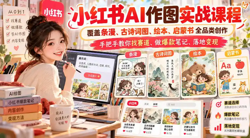 小红书AI作图实战课程，覆盖条漫、古诗词图、绘本、启蒙书全品类创作，手把手教你找赛道、做爆款笔记、落地变现-得宝资源站