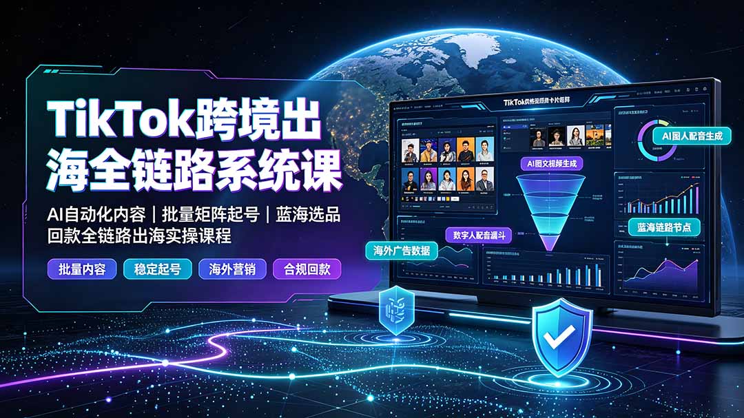 TikTok跨境出海全链路系统课-2026年7月：AI自动化内容｜批量矩阵起号｜蓝海选品回款全链路出海实操课程-得宝资源站
