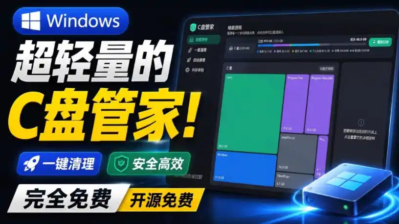 Windows超轻量的C盘管家！超级有特点，支持磁盘分析及清理提醒，2M大小体积，完全免费C盘管家-得宝资源站