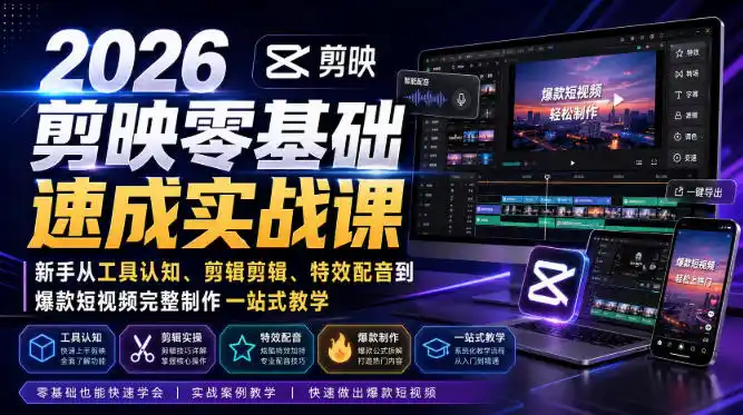 2026剪映零基础速成实战课｜新手从工具认知、剪辑剪辑、特效配音到爆款短视频完整制作一站式教学-得宝资源站