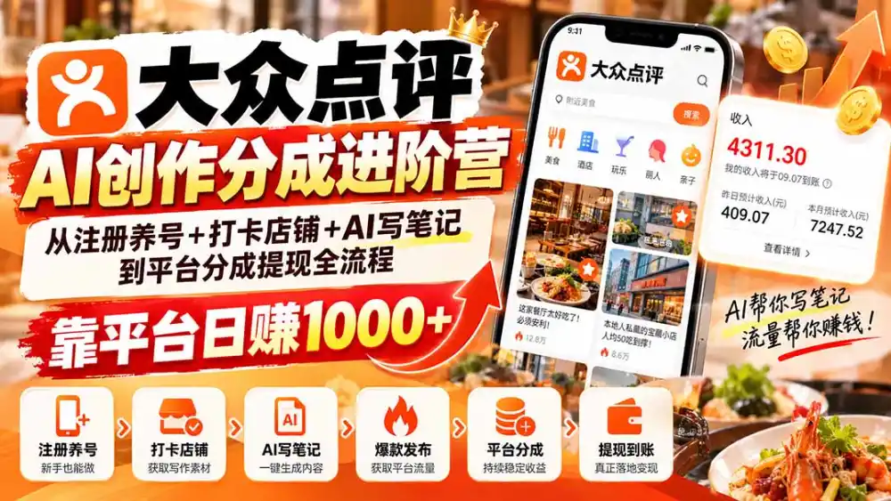 大众点评AI创作分成进阶营：从注册养号+打卡店铺+AI写笔记到平台分成提现全流程，靠平台日赚1000+-得宝资源站