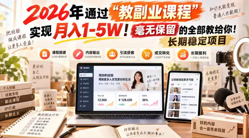 2026年通过“教副业课程”实现月入1-5W！毫无保留的全部教给你！长期稳定项目-得宝资源站