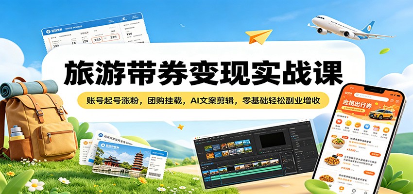 旅游带券变现实战课：账号起号涨粉，团购挂载，AI文案剪辑，零基础轻松副业增收-得宝资源站