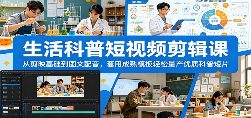生活科普短视频剪辑课：从剪映基础到图文配音，套用成熟模板轻松量产优质科普短片-得宝资源站