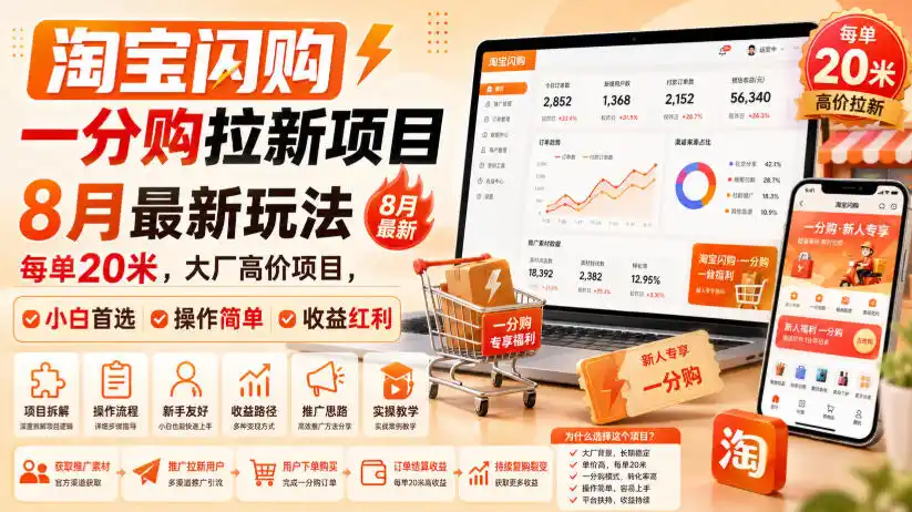 淘宝闪购一分购拉新项目8月最新玩法,每单20米,大厂高价项目,小白首选,操作简单,收益红利