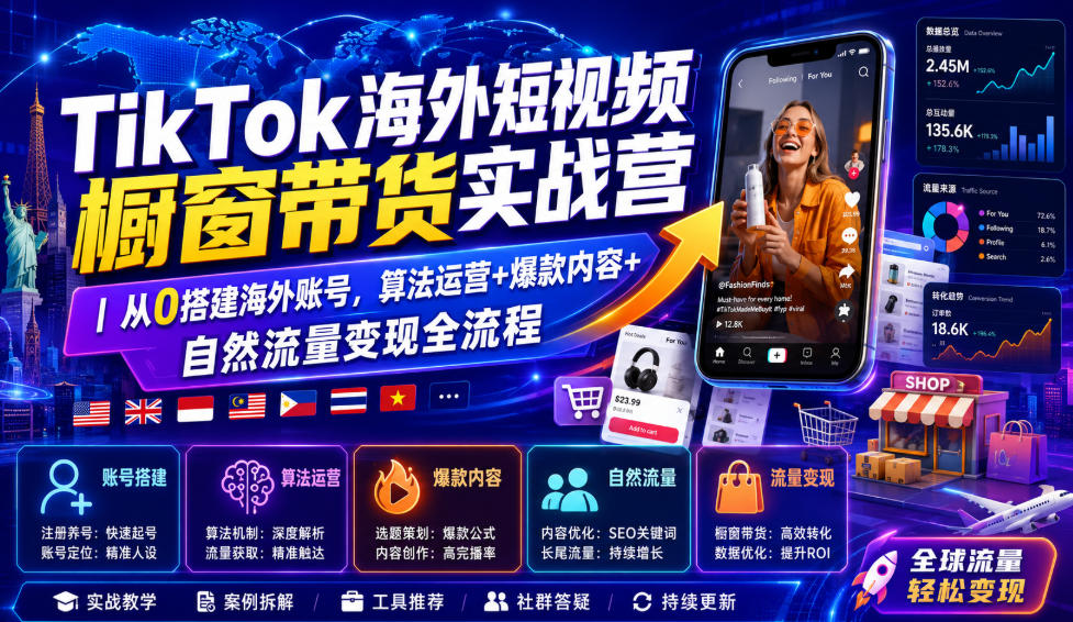 TikTok海外短视频橱窗带货实战营｜从0搭建海外账号，算法运营+爆款内容+自然流量变现全流程-得宝资源站