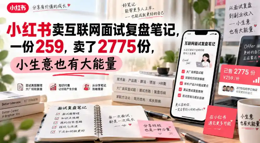 小红书卖互联网面试复盘笔记，一份259，卖了2775份，小生意也有大能量-得宝资源站