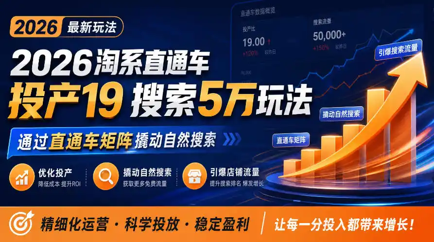 2026淘系直通车投产19搜索5万玩法，通过直通车矩阵撬动自然搜索，帮助商家优化投产，引爆店铺搜索流量-得宝资源站