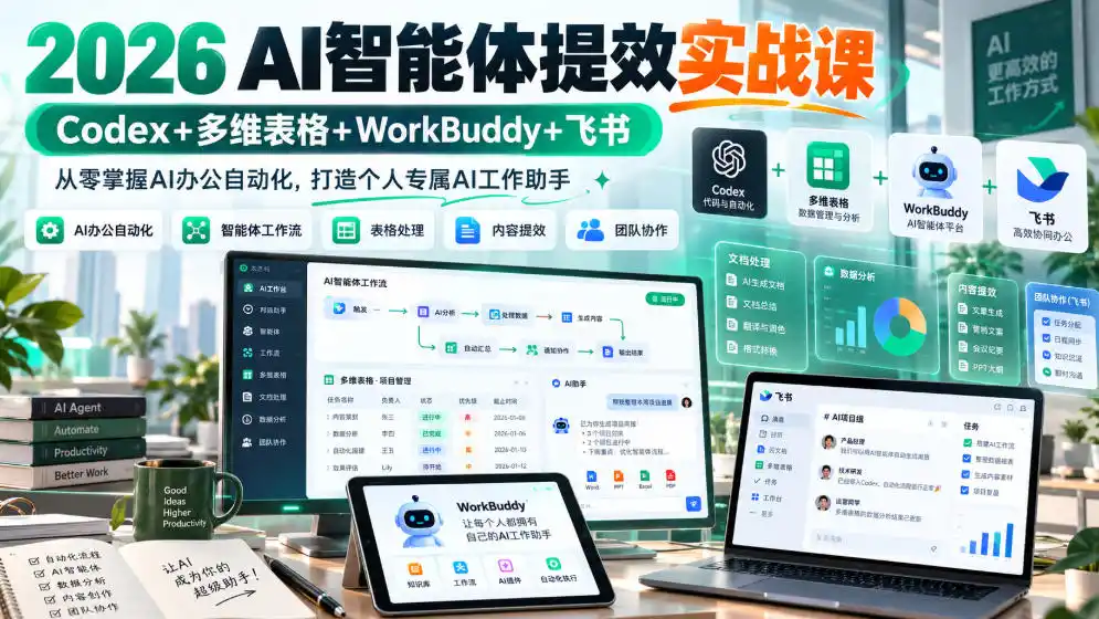 2026 AI智能体提效实战课：Codex+多维表格+WorkBuddy+飞书，从零掌握AI办公自动化，打造个人专属AI工作助手-得宝资源站