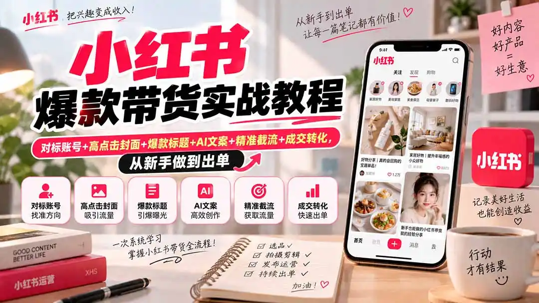 小红书爆款带货实战教程｜对标账号+高点击封面+爆款标题+AI文案+精准截流+成交转化，从新手做到出单-得宝资源站