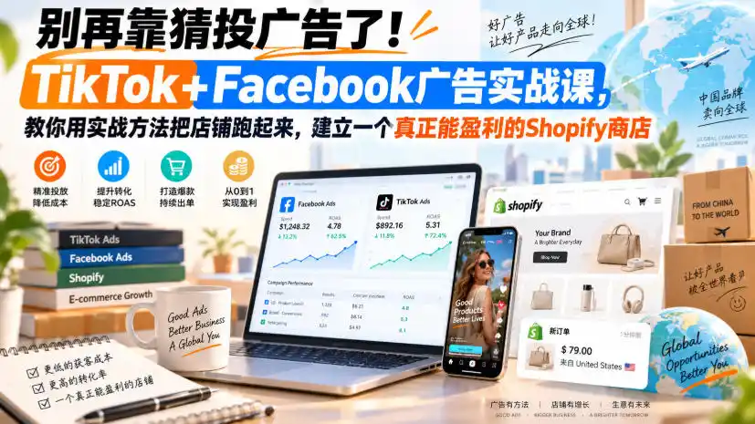 别再靠猜投广告了！TikTok+Facebook广告实战课，教你用实战方法把店铺跑起来，建立一个真正能盈利的Shopify商店【原创双语字幕】-得宝资源站
