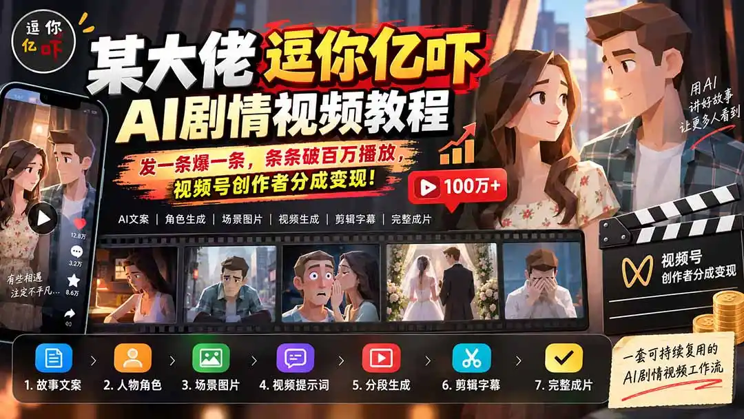 某大佬逗你亿吓AI低模剧情视频制作教程：发一条爆一条，条条破百万播放，利用视频号创作者分成变现!-得宝资源站