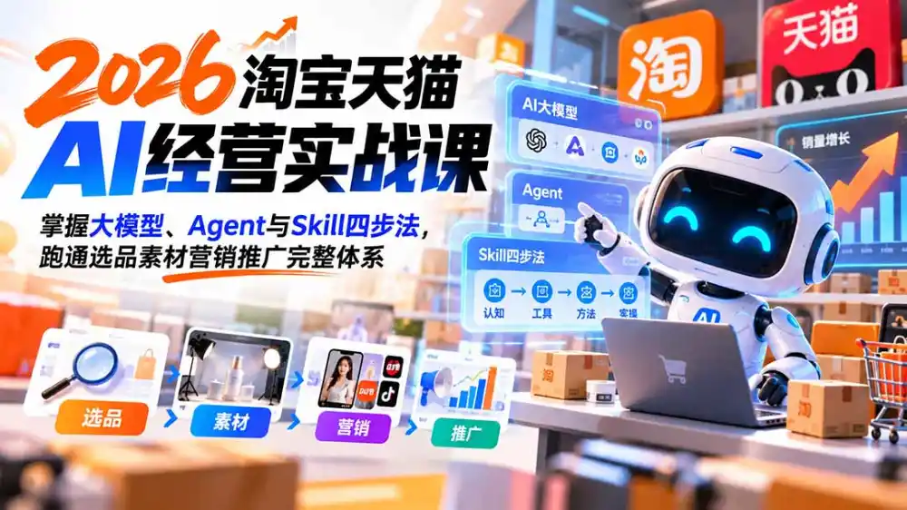 【无水印】2026淘宝天猫AI经营实战课：掌握大模型、Agent与Skill四步法，跑通选品素材营销推广完整体系-得宝资源站