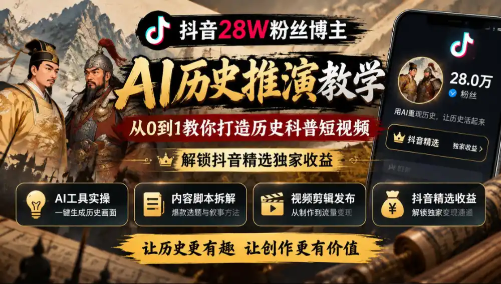 抖音28W粉丝博主的AI历史推演教学，从0到1教你打造历史科普短视频，解锁抖音精选独家收益-得宝资源站